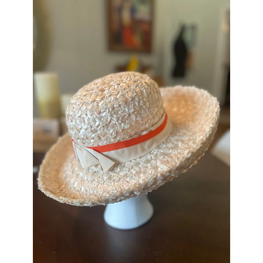 Belks Straw Sun Hat Womens 22 Cream Excellent Vintage 60s Wide Brim Ribbon Box